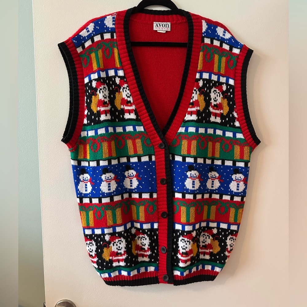 perfect vintage ugly Christmas/holiday sweater: Avon Festive knit Vest oversized
